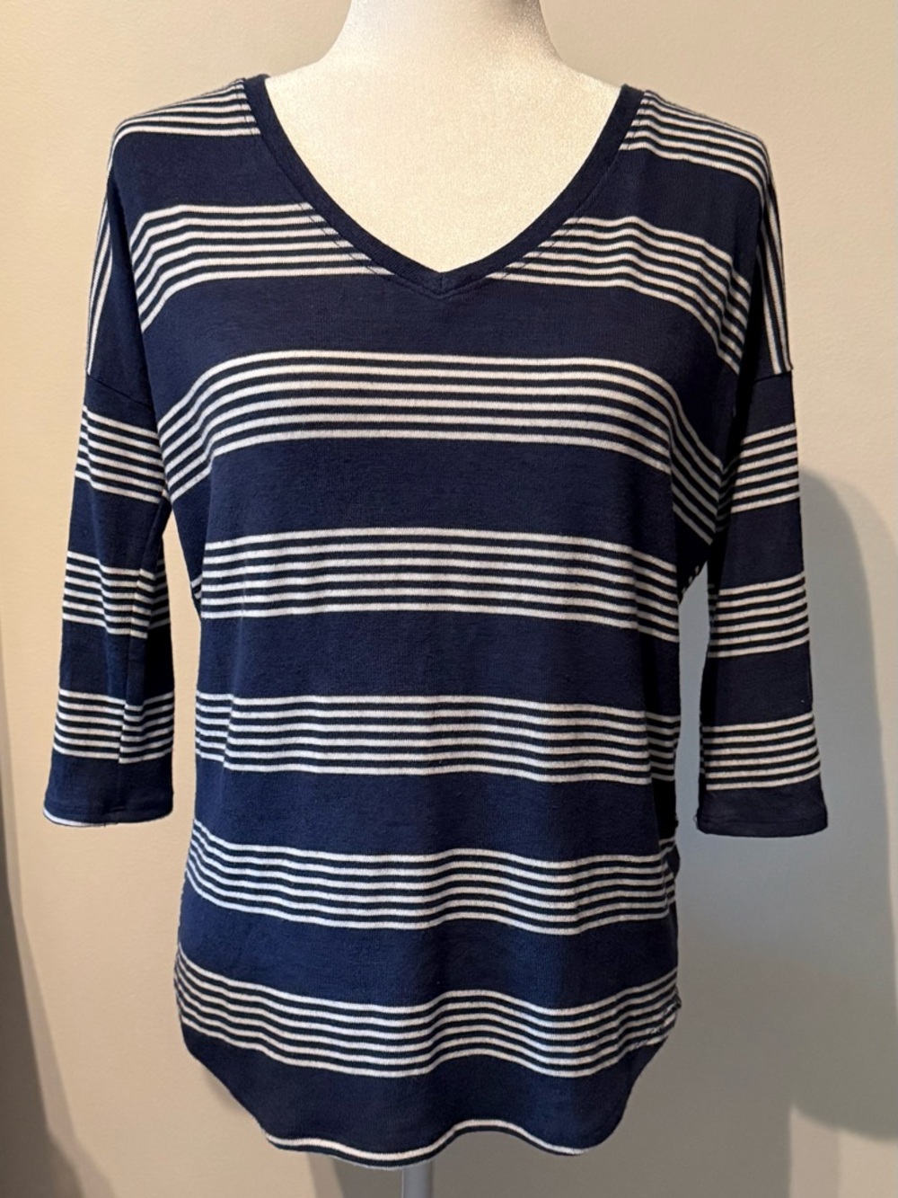 Market & Spruce Blue and Off-White Striped V-Neck Top